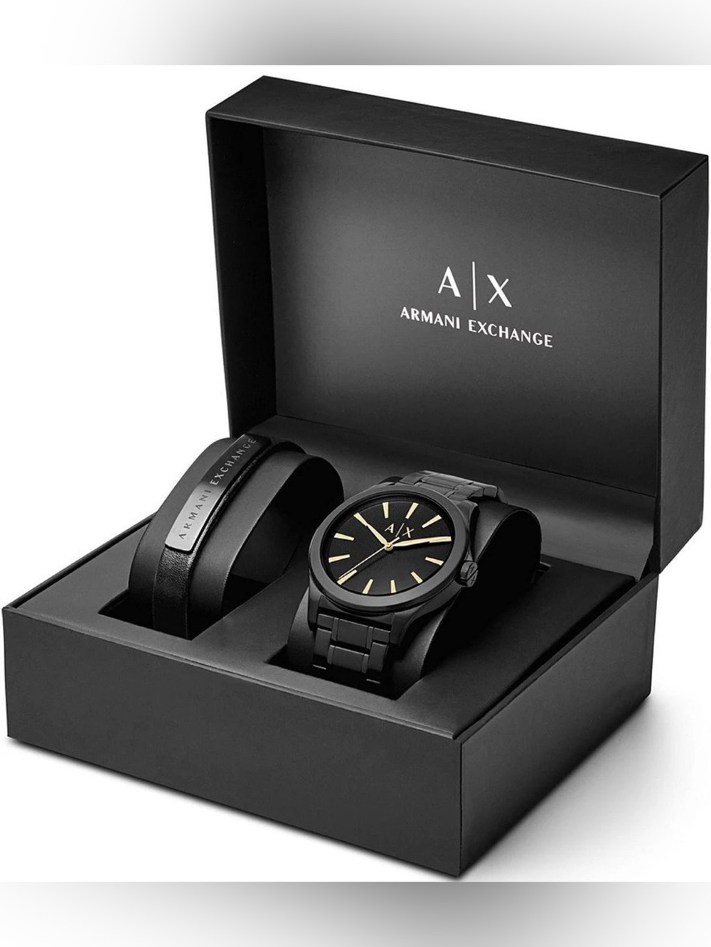 Armani Exchange Black Stainelss Steel Watch  & Matching Leather Bracelet Set NEW